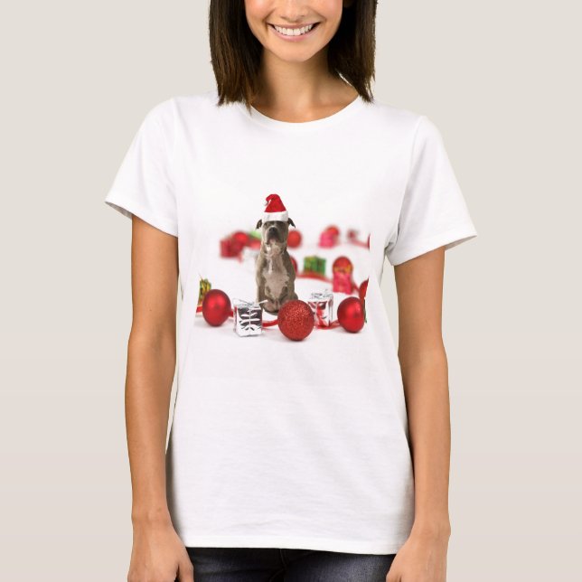 Pit Bull Dog med Gift box och julprydnader Tee Shirt (Framsida)