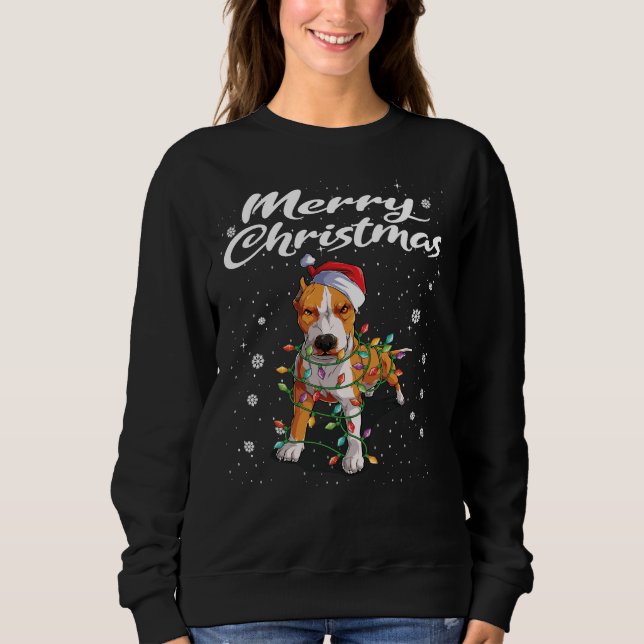 Pit Bull Dog Santa Hat Julgran Ljus T Shirt (Framsida)