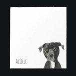 Pit Bull Dog Watercolor | Lägg till ditt namn Anteckningsblock<br><div class="desc">Detta är en vattenfärgsmålning av en svart pitbull-hund som är tittar sidovägar och som verkar vara djupt tankad. Hon har vit päls på bröstet.</div>