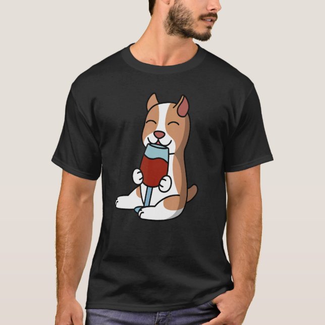 Pit Bull Drinking Vin Hund T Shirt (Framsida)