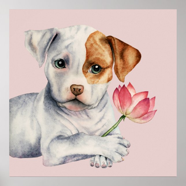 Pit Bull Puppy Holding Lotus Flower Painting Poster (Framsidan)