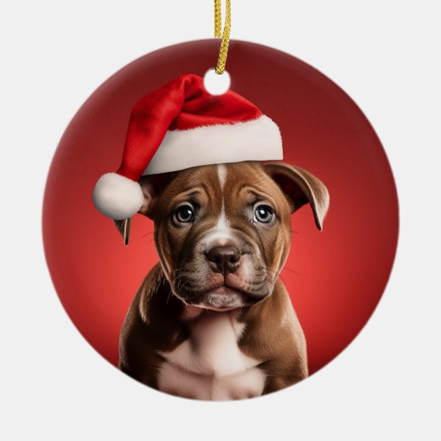 Pit Bull Puppy i Santa Hat Julgransprydnad Keramik (Framsidan)