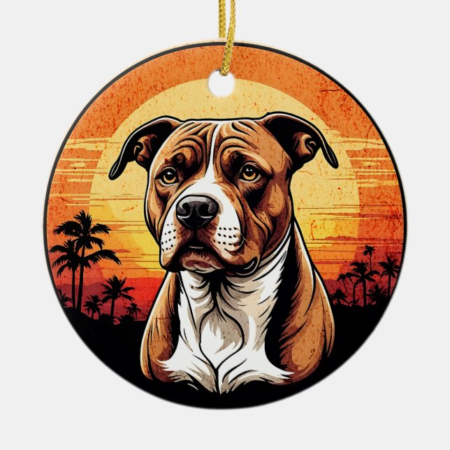 Pit Bull Retro Solnedgång Hundälskare Julgransprydnad Keramik (Framsidan)