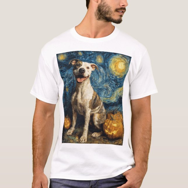 Pit Bull Söt Hund Halloween Jack O Lantern Pumpa T Shirt (Framsida)