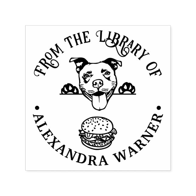 Pit Bull Terrier som spanar på Burger Biblioteksbo Självfärgande Stämpel (Design)