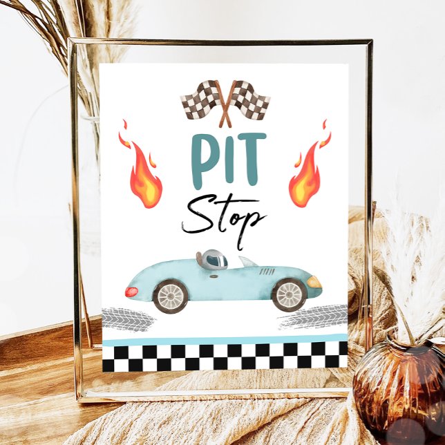 Pit Stop Blue Tävling Car Two Fast Boy Birthday Poster (Skapare uppladdad)
