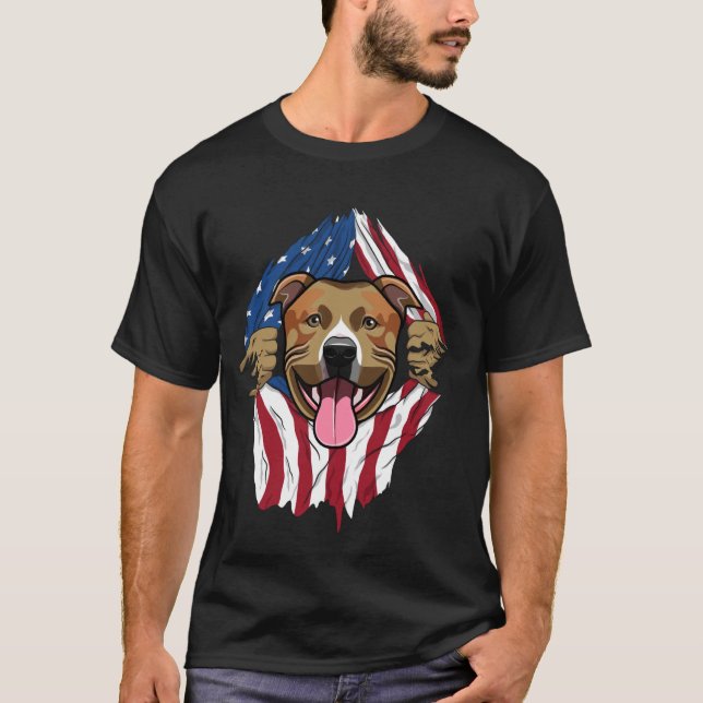 Pitbull American Flagga T Shirt (Framsida)