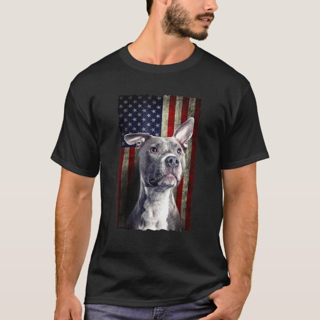 Pitbull American Flagga USA Patriotic Hund T Shirt (Framsida)