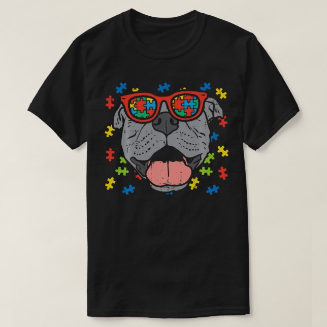 Pitbull Ansikte Puzzle Glasses Autism Awareness Hu T Shirt (Design framsida)