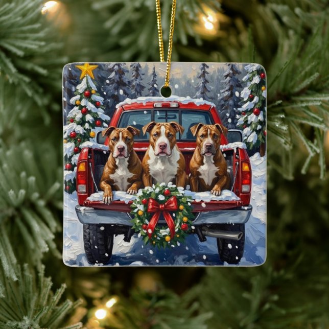 Pitbull Christmas Red Truck Holiday Julgransprydnad Keramik (Träd)