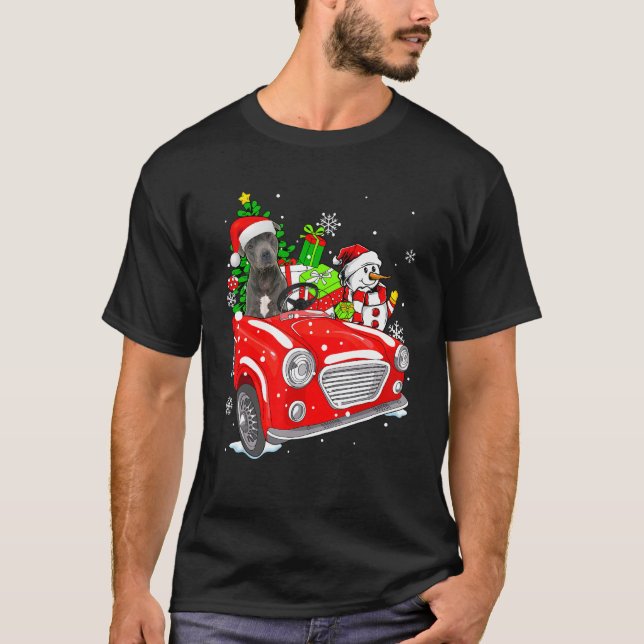 Pitbull Dog Santa Hat Red Car Christmas T Shirt (Framsida)