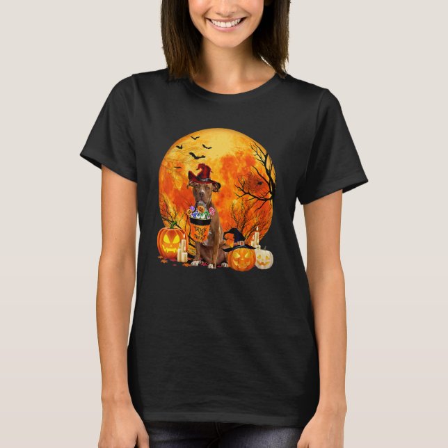 Pitbull Dog Witch Pumpkin Halloween Costume T Shirt (Framsida)