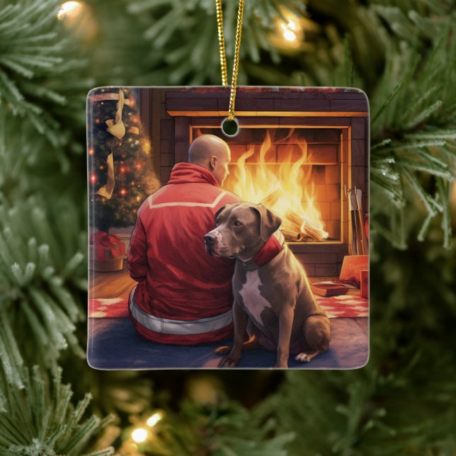 Pitbull Firefighter jul, Gift för Hundälskare Julgransprydnad Keramik (Träd)