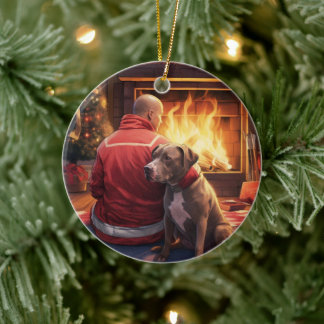 Pitbull Firefighter jul, Gift för Hundälskare Julgransprydnad Keramik