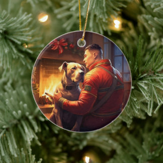 Pitbull Firefighter jul, Gift för Hundälskare Julgransprydnad Keramik