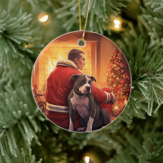 Pitbull Firefighter jul, Gift för Hundälskare Julgransprydnad Keramik (Träd)
