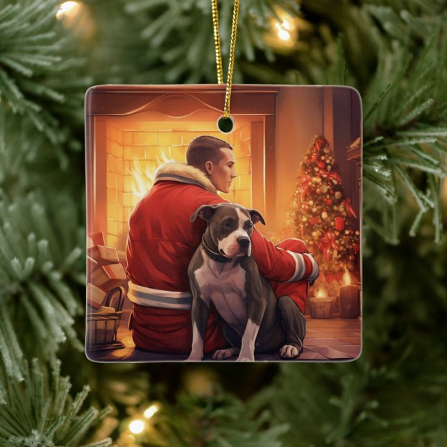 Pitbull Firefighter jul, Gift för Hundälskare Julgransprydnad Keramik (Träd)