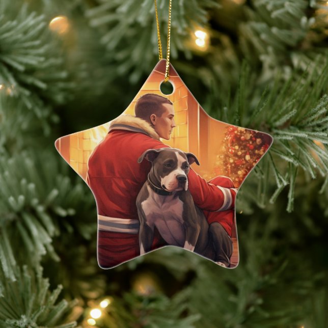 Pitbull Firefighter jul, Gift för Hundälskare Julgransprydnad Keramik (Träd)