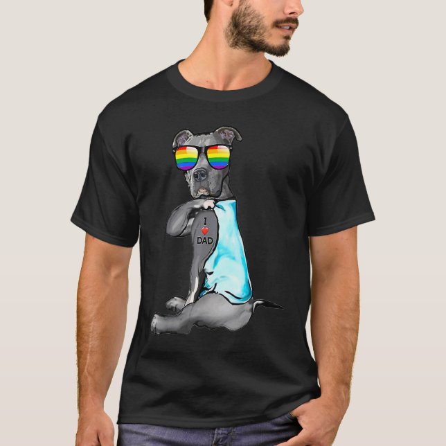 Pitbull Gay LGBT Pride I Kärlek Pappa Tattoo Hund  T Shirt (Framsida)