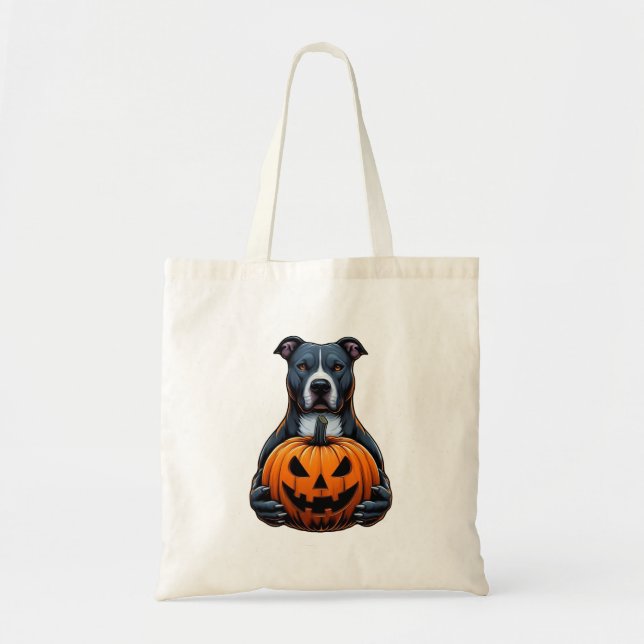 Pitbull Halloween - Holding Jack o lantern Tygkasse (Framsidan)