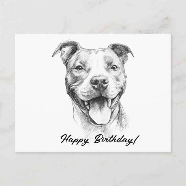 Pitbull Hand Draw Black and White Birday Card Vykort (Framsida)