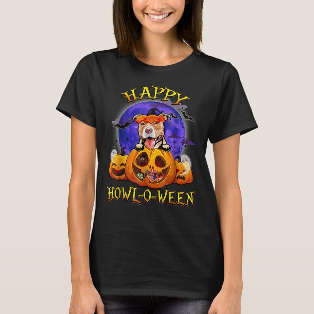 Pitbull happy halloween med Måne Pumpkin Hund Kärl T Shirt (Framsida)