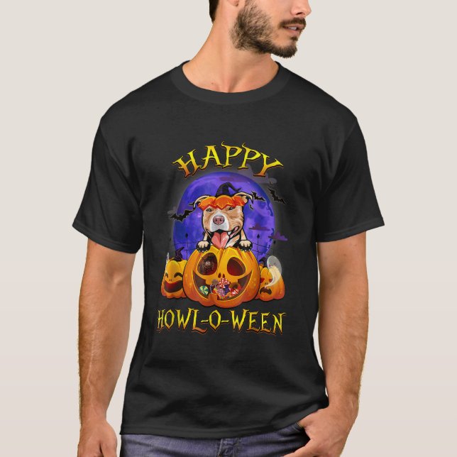 Pitbull happy halloween med Måne Pumpkin Hund Kärl T Shirt (Framsida)