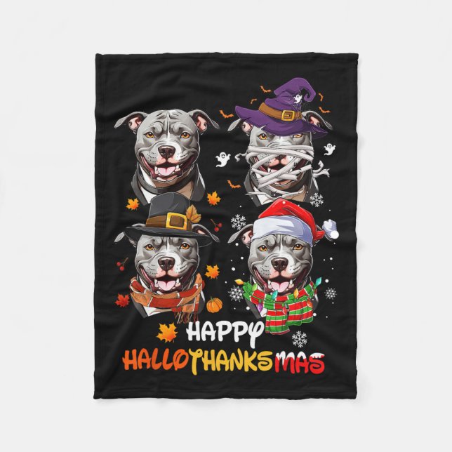 Pitbull Hund Hallothanksmas Halloween Thanksgiving Fleecefilt (Framsidan)