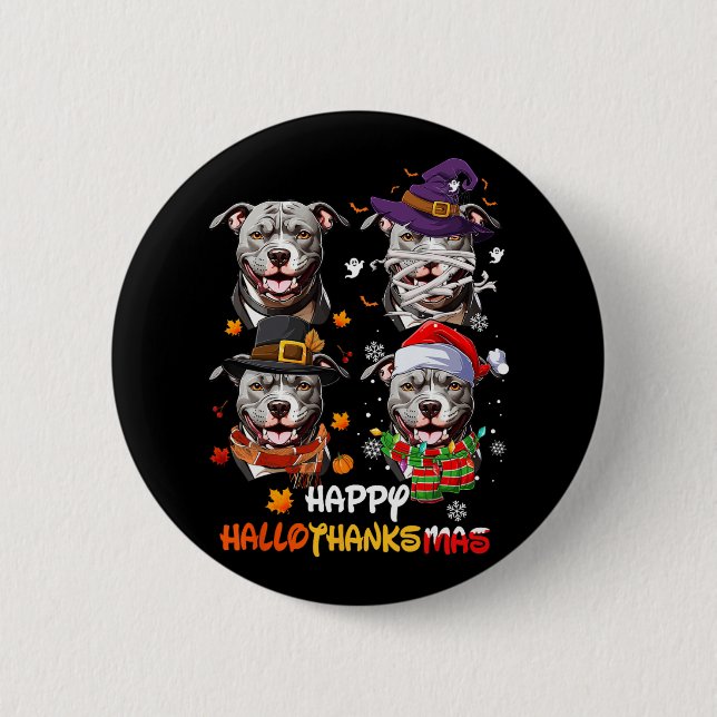 Pitbull Hund Hallothanksmas Halloween Thanksgiving Knapp (Framsida)