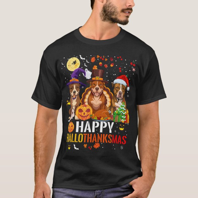 Pitbull Hund Hallothanksmas Halloween Thanksgiving T Shirt (Framsida)