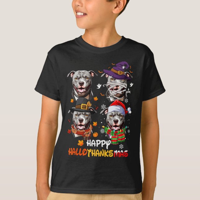 Pitbull Hund Hallothanksmas Halloween Thanksgiving T Shirt (Framsida)