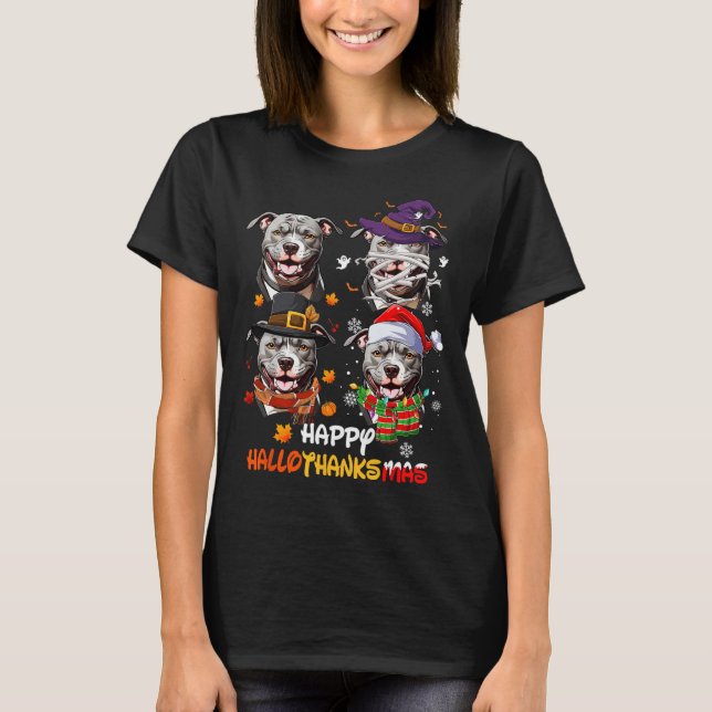 Pitbull Hund Hallothanksmas Halloween Thanksgiving T Shirt (Framsida)