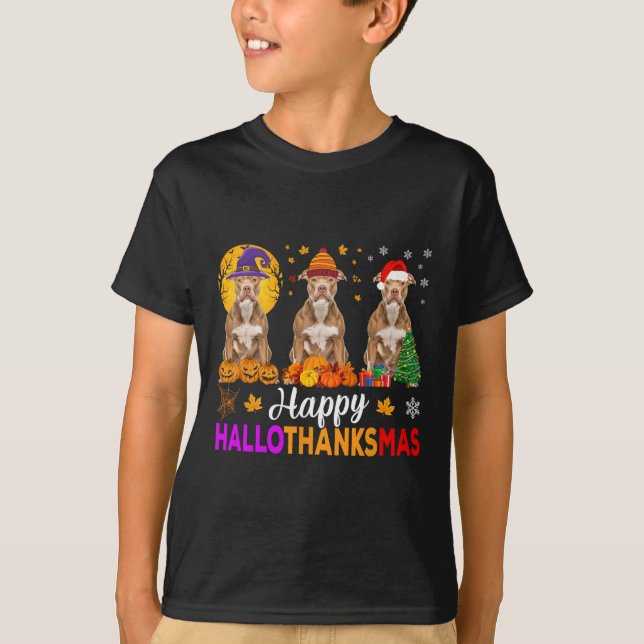 Pitbull Hund Halloween jul Hallothanksmas 1 T Shirt (Framsida)