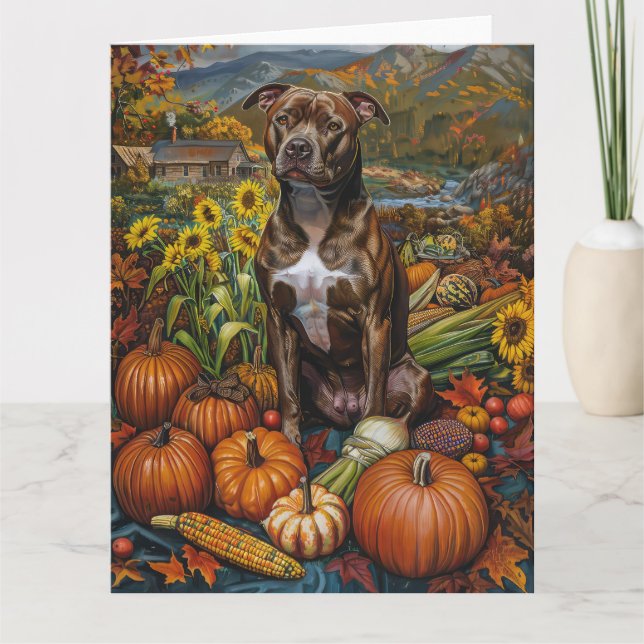 Pitbull Hund Höstskörd Thanksgiving Kort (Framsida)