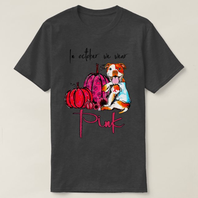 Pitbull Hund i oktober Vi Bära Rosa Ribbon Breast T Shirt (Design framsida)