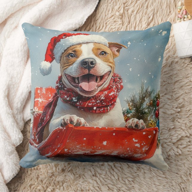 Pitbull Hund i Släd Låt det Snöa Jul Kudde (Filt)