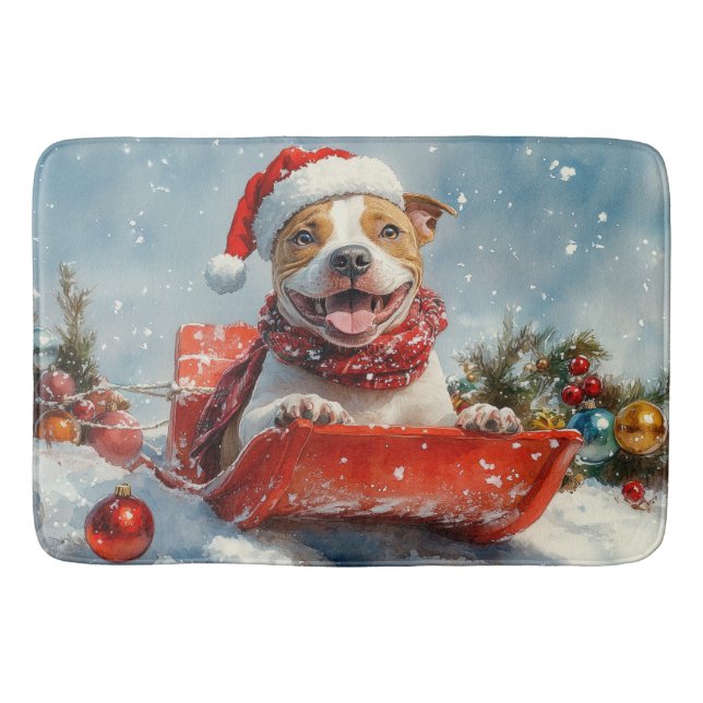 Pitbull Hund i Släde Låt det Snöa Jul Badrumsmatta (Framsidan)