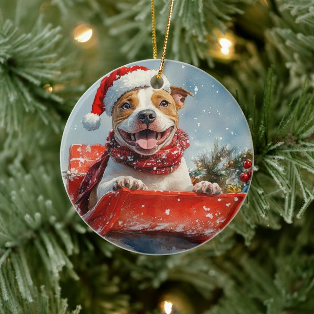 Pitbull Hund i Släde Låt det Snöa Jul Julgransprydnad Keramik (Träd)