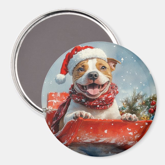 Pitbull Hund i Släde Låt det Snöa Jul Magnet (Front/Back)
