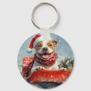 Pitbull Hund i Släde Låt det Snöa Jul Nyckelring
