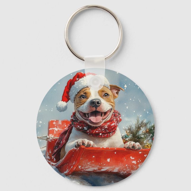 Pitbull Hund i Släde Låt det Snöa Jul Nyckelring (Framsida)