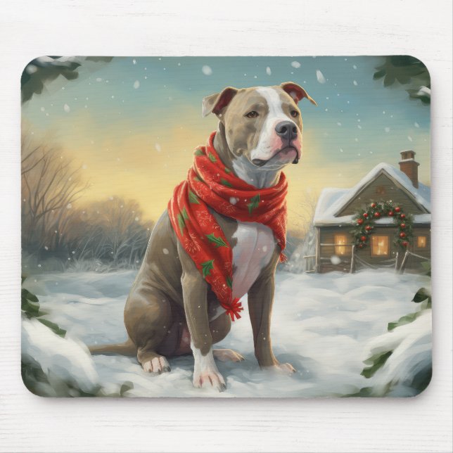 Pitbull Hund i Snö Jul Musmatta (Framsidan)