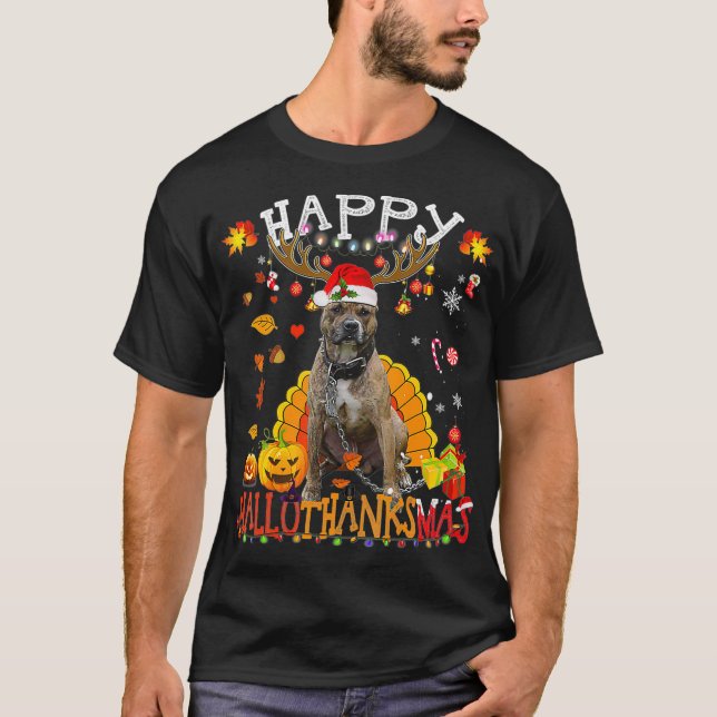 Pitbull Hund Lycklig Hallothanksmas Halloween Jula T Shirt (Framsida)