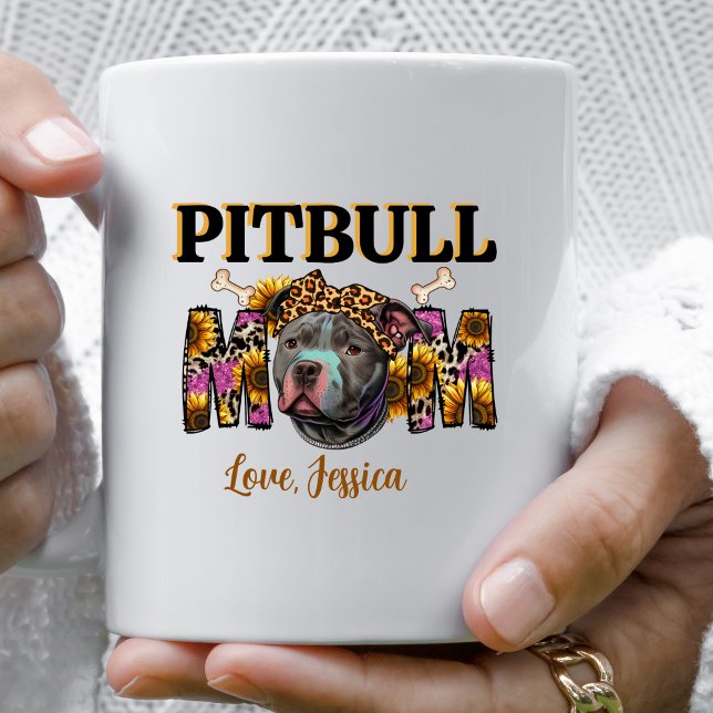 Pitbull Hund Mamma Leopard Skriv ut solblommor Kaffemugg (Skapare uppladdad)