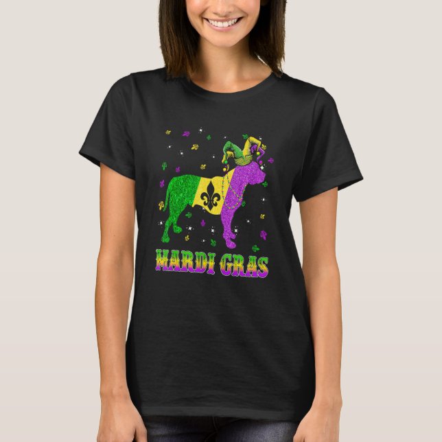 Pitbull Hund Mardi Gras Karneval Pajas Pärlor T Shirt (Framsida)