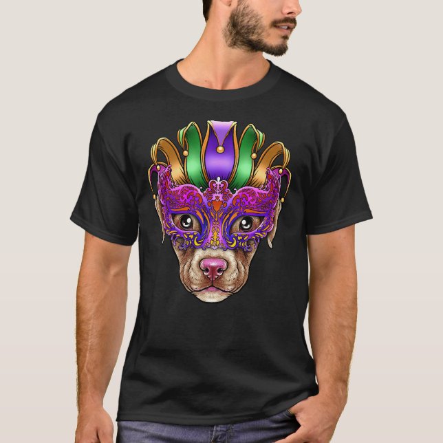 Pitbull Hund Mardi Gras Mask Jester Hat Pit Bull P T Shirt (Framsida)