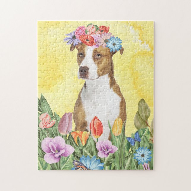 Pitbull Hund med Flowers Vår Pussel (Vertikal)