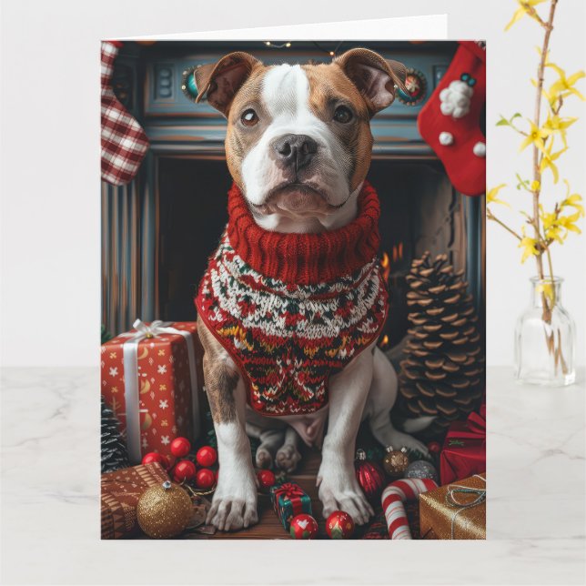 Pitbull Hund Med Julpresenter Öppen Spis Kort (Gul blomma)