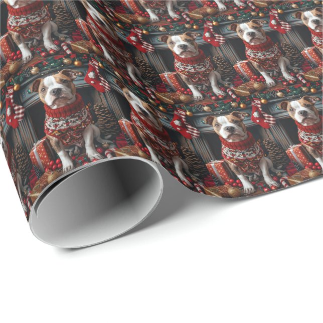 Pitbull Hund Med Julpresenter Öppen Spis Presentpapper (Rullad Hörn)