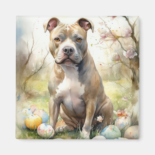Pitbull Hund med Påskägg Semester Magnet (Framsidan)